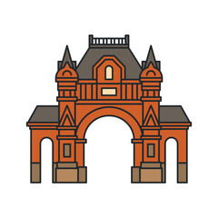 Historic red triumphal arch with towers and central passage. Illustration. Object isolated on white background.