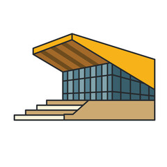 Modern glass pavilion with angular yellow roof and wide steps. Illustration. Object isolated on white background.