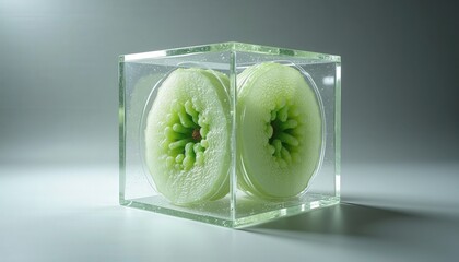 Two Sliced Green Apples Inside a Clear Glass Cube on a White Surface