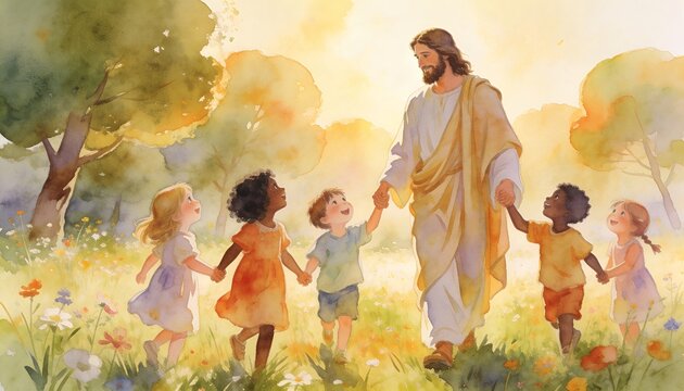 Man Jesus walking with children. Savior with happy kids. Religious concept for Christian church, bible study, Good Friday.