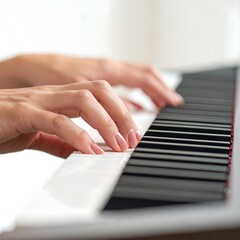 Obraz premium Hands playing a musical instrument with black and white keys, close-up shot