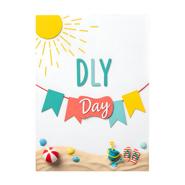 Beach party themed illustration with DLY Day banner, sun, beach ball, and colorful flags on sandy beach isolated PNG with Transparent Background