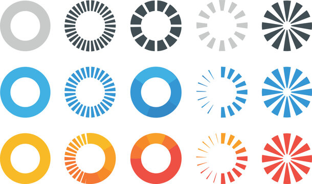 Circular infographic progress bars set with segmented radial charts in gray, blue, yellow and red colors isolated on light background.