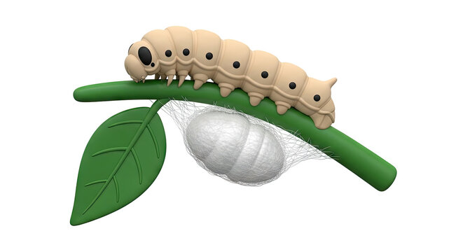Cartoon silkworm and cocoon on a leaf stem