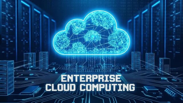 Enterprise cloud computing data center network server technology storage digital connection concept infrastructure background with glowing internet data network server storage digital technology
