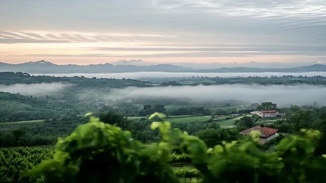 Misty Morning View of a Hilly Landscape
