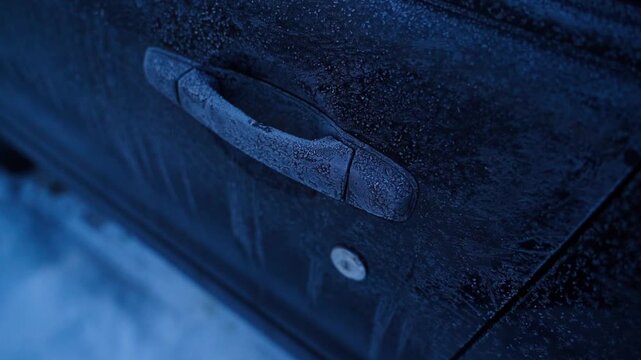 Door handle of a black car covered in frost, close-up