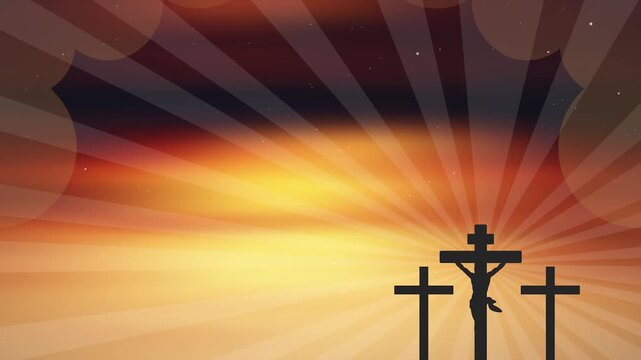 Horizontal Christian Easter Background. Silhouette of Crucifixion on Calvary Hill with Sunburst for Good Friday Worship Screens