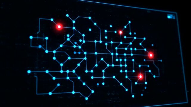 Glowing red node activates complex circuit board network 
