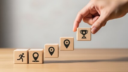 A hand placing a trophy on the final block of a progression pathway