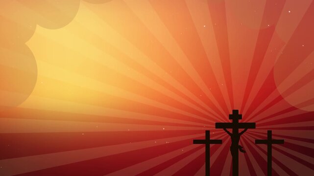 Horizontal Christian Easter Background. Silhouette of Crucifixion on Calvary Hill with Sunburst for Good Friday Worship Screens