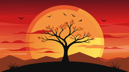 A lone tree stands on a hill during a vibrant sunset with a red sky Vector © Rana Islam