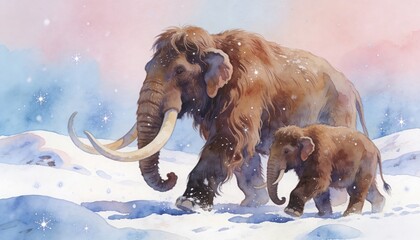 Adult mammoth and baby mammoth walk in snow. Winter watercolor landscape of prehistoric animals. Extinct wildlife for educational material.