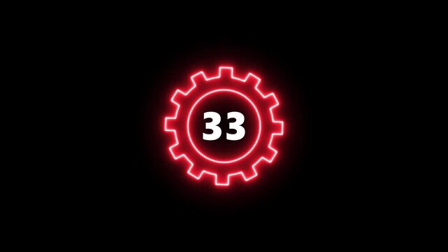 Glowing Red color Gear with Number 33 Neon Light Effect on Dark Background Technology Concept gear dark background