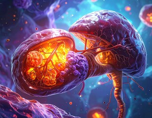 Abstract organic forms glowing orange/red, with fractal-like branching structures against a blurred bluish purple background