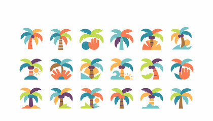 Colorful Palm Tree Icons Set, Tropical Vacation and Summer Vibes
