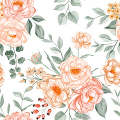 Elegant Watercolor Floral Seamless Pattern. Peach Flowers & Green Leaves Background for Textile, Wedding Invitations, and Product Packaging Design