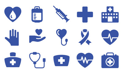 Blue Medical Icons Set on White Background