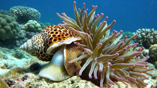 A spotted sea snail slowly moves past a vibrant sea anemone on a coral reef.