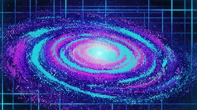 Digital galaxy neon spiral pixel art cyber grid sci fi space glowing vortex abstract universe data stream cosmic energy digital background virtual reality retro futurism pixel texture futuristic