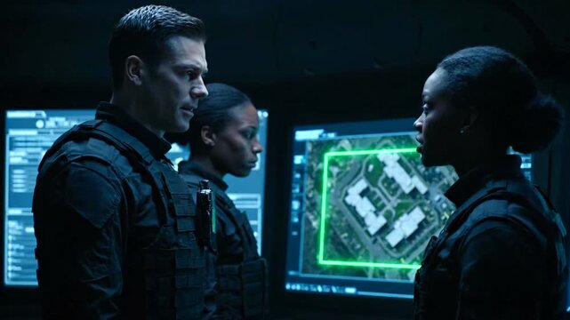 Two agents analyze tactical map on computer screen in dark room 