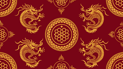 Intricate golden dragons and patterns on a rich red background Vector © Rana Islam