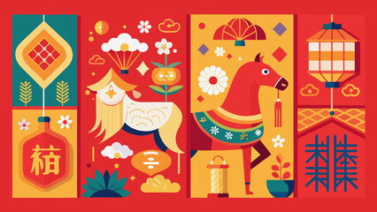 Obraz premium Vibrant illustration of a horse in a colorful, geometric patterned environment Vector