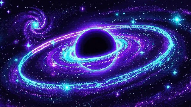 Neon space pixel galaxy digital cosmos retro wave glowing star black hole ring starfield sci fi vaporwave art cyberpunk surreal ultraviolet deep space dust nebula universe night sky fantasy