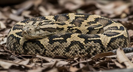 Fototapeta premium Coiled snake with camouflage pattern resting on forest floor leaves