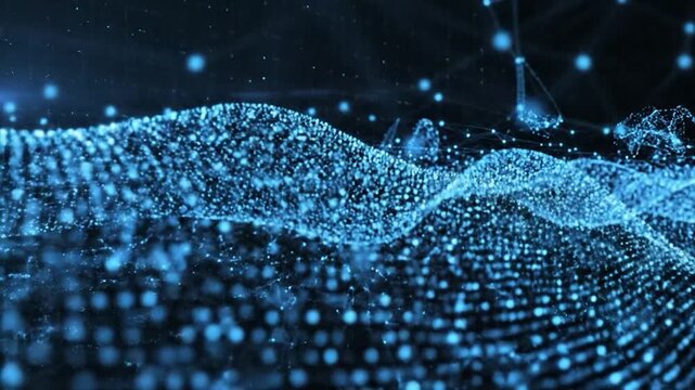 Abstract digital landscape with glowing blue dots forming a wave pattern