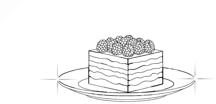 A square cake with many layers and raspberries on top