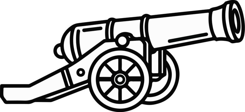 A simple line drawing of a historic cannon on wheels