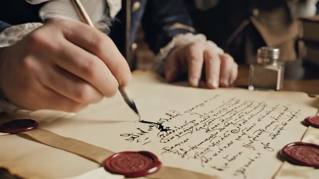 Historical man writing with quill pen on parchment paper by candlelight.