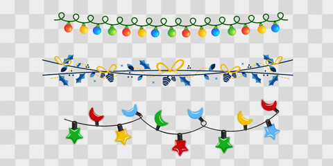 Naklejka premium Christmas decorations, isolated on transparent background. Silver string garlands with balls realistic set. White Xmas decor. Festive design element