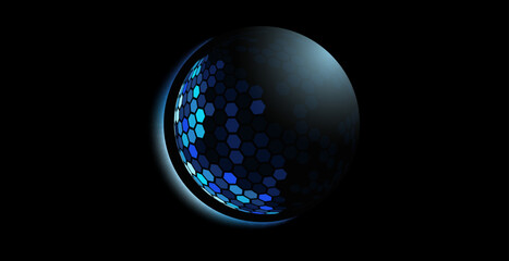 Glass transparent protection sphere shield. Sphere shield with hexagon pattern on blue background. Bubble shield in the form of a force energy field. Protection and safety concept. © luda