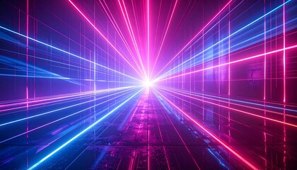 Abstract tunnel of converging, radiant pink and blue laser beams culminating in a bright, central white light