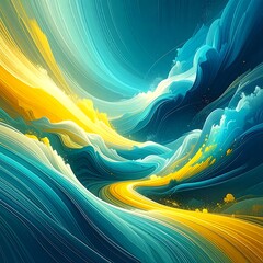 Abstract rendering of stylized waves with blue hues and ribbons of golden color winding through