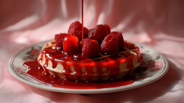 Raspberry waffles dripping with syrup, Golden waffles adorned with fresh raspberries and drizzled with syrup