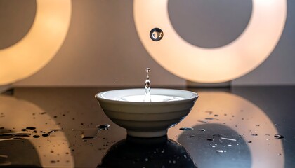 Water droplet splashing into a small bowl, with illuminated circles in soft focus behind