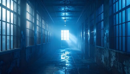 Moody, dark corridor with barred windows, light at the end