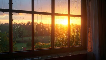 Window with raindrops reflects sunset over trees, cozy