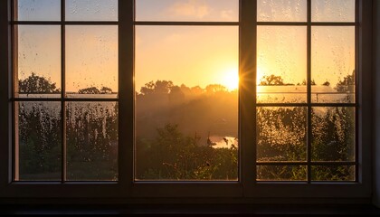 Window view Golden sunset over misty landscape, with raindrops on glass