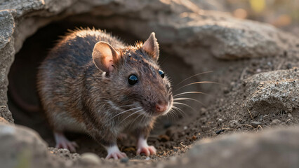 A brown rat peeks out of a rocky burrow entrance in soft focus.