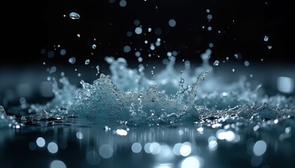 Dynamic liquid splash with sparkling droplets and illuminated surface against dark background macro shot water abstract