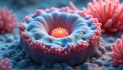 Close Up Of A Pink Coral Polyp With Tentacles In A Blue And Orange Illuminated Underwater Ecosystem
