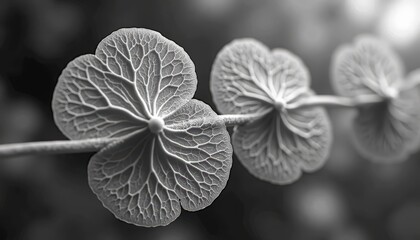 Close up Black and White Macro Shot of a Plant Stem with Intricate Leaf Veins and Soft Bokeh Background