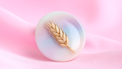 Elegant wheat sprig inside a pale marble disk on soft pink fabric backdrop