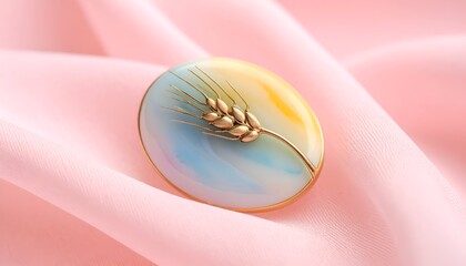 Wheat brooch on pale pink satin fabric, soft, pastel colors, rounded shape