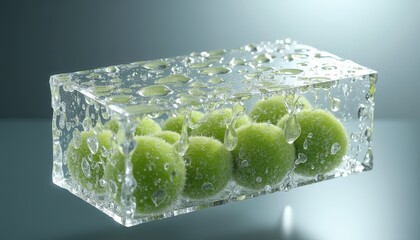 Glass Container Filled With Green Spheres And Water Droplets On A Reflective Surface