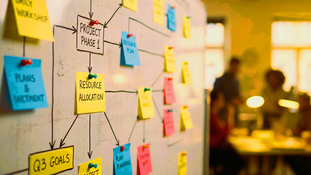 Business team brainstorming strategy planning session using sticky notes on board for creative project management collaboration and agile workflow organization in corporate office environment.